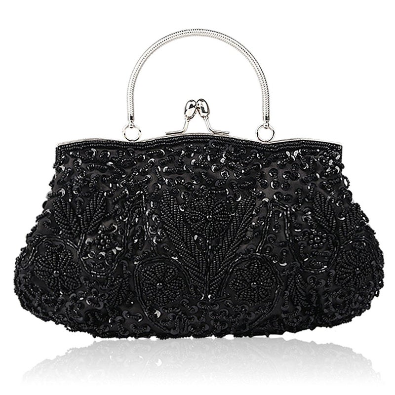 EROUGE Beaded Sequin Design Flower Evening Purse Large Clutch Bag